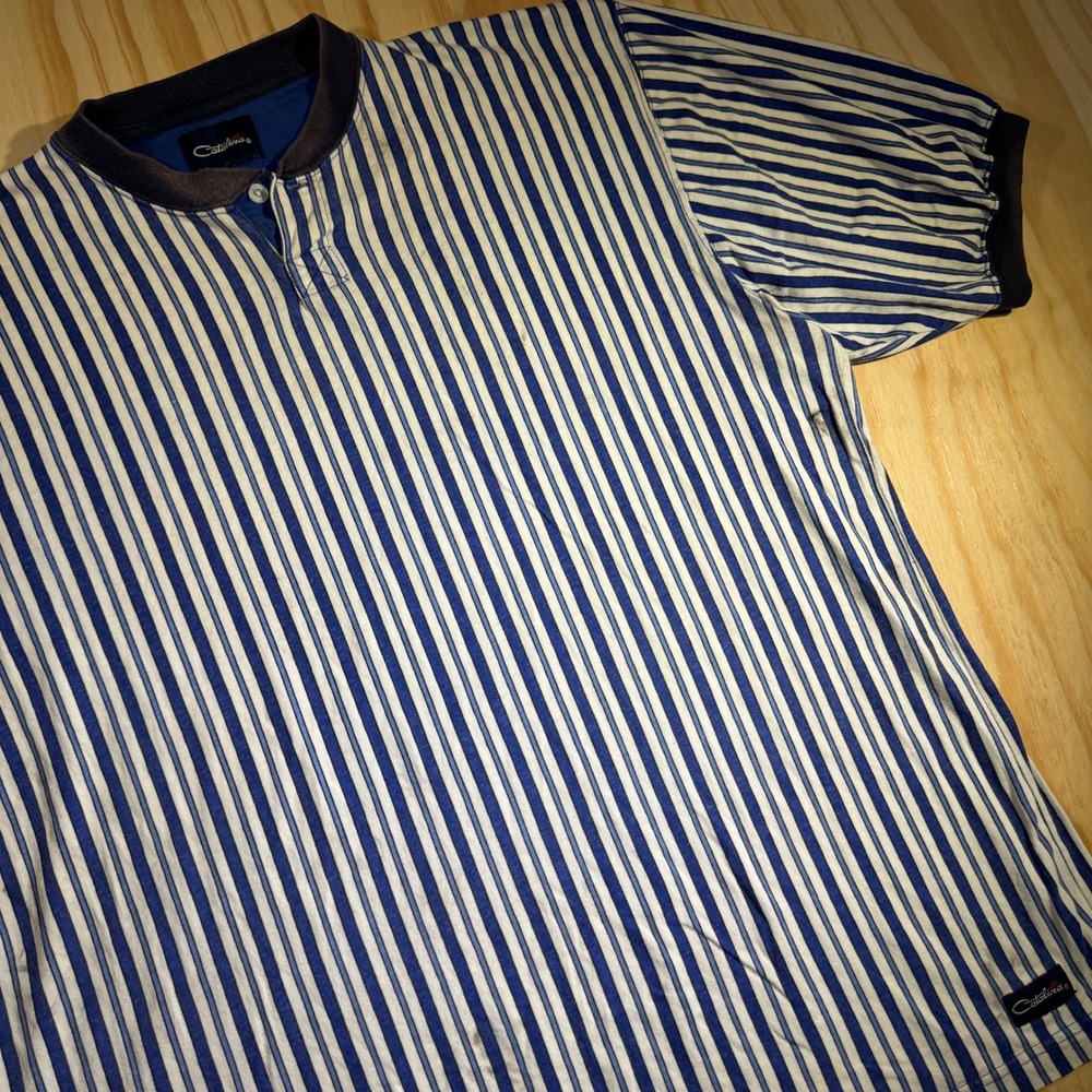 90s Catalina Vintage Men's Henley Striped Short Sleeve Shirt Blue White Size XL